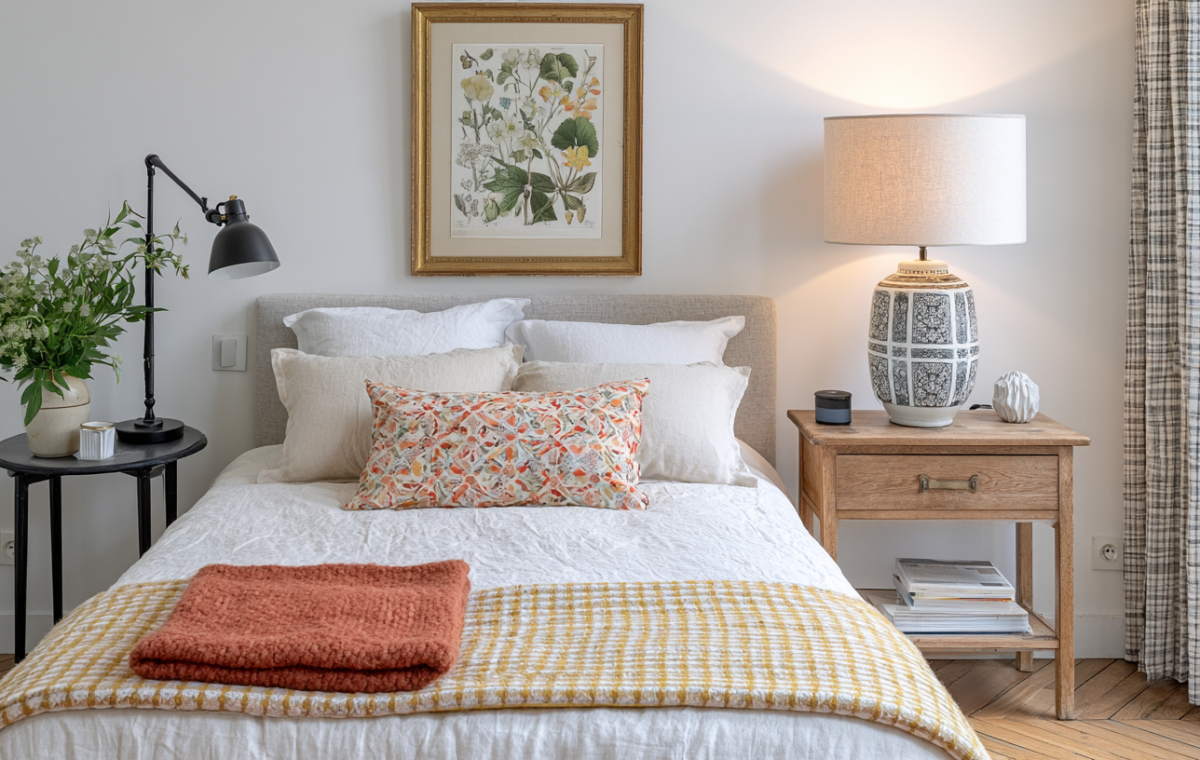 Cozy bedroom decor ideas featuring layered neutral bedding, wooden nightstand, and botanical art.