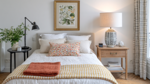 Cozy bedroom decor ideas featuring layered neutral bedding, wooden nightstand, and botanical art.