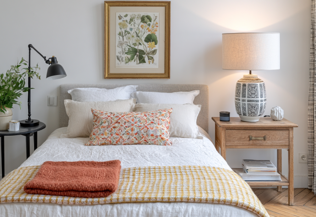 Cozy bedroom decor ideas featuring layered neutral bedding, wooden nightstand, and botanical art.