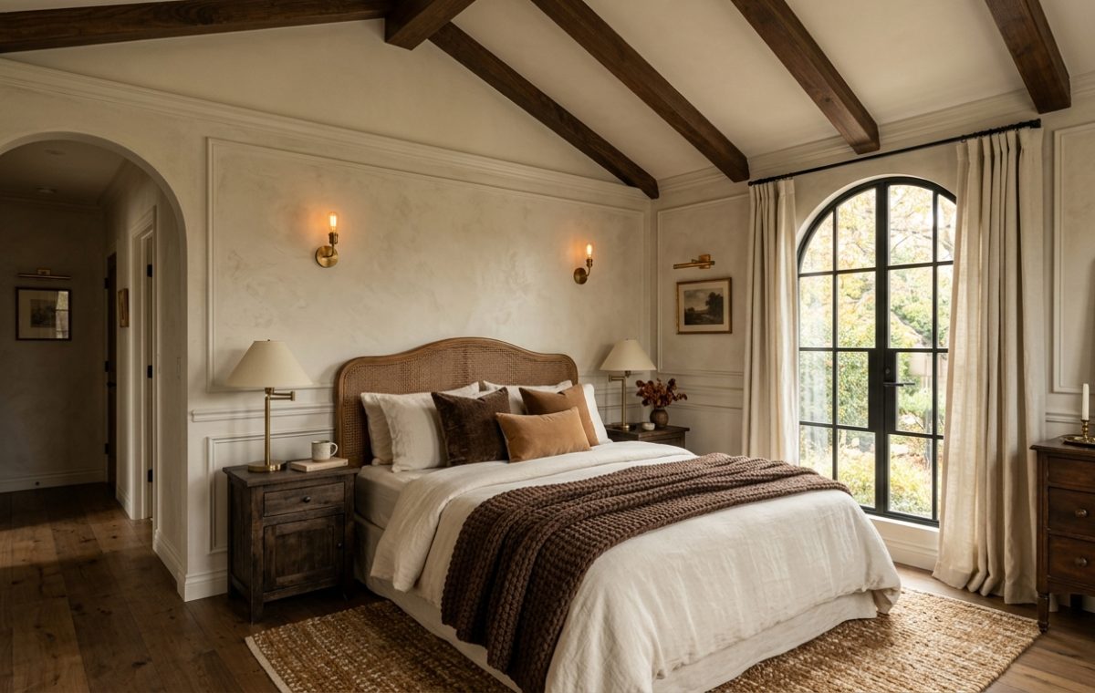 Cozy bedroom design featuring wooden ceiling beams, neutral layered bedding, and an arched window.