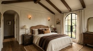 Cozy bedroom design featuring wooden ceiling beams, neutral layered bedding, and an arched window.