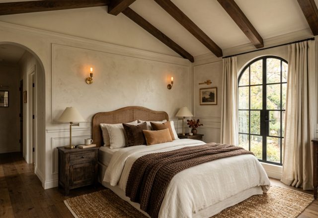 Cozy bedroom design featuring wooden ceiling beams, neutral layered bedding, and an arched window.