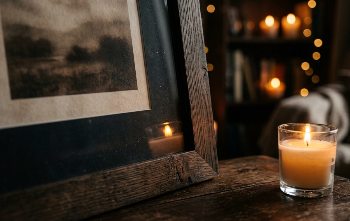A cozy home library decor setup featuring a rustic wooden picture frame and a glowing candle on a dark table.