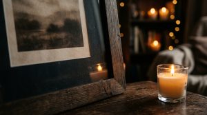 A cozy home library decor setup featuring a rustic wooden picture frame and a glowing candle on a dark table.