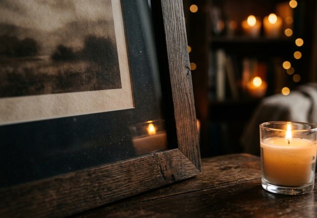 A cozy home library decor setup featuring a rustic wooden picture frame and a glowing candle on a dark table.