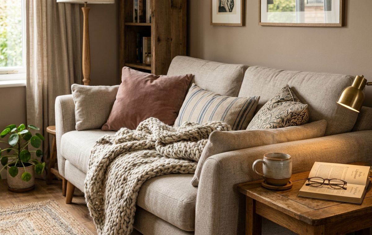 Cozy living room decor featuring a neutral sofa with chunky knit blanket and warm lighting.