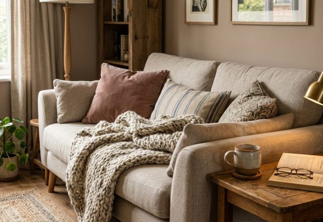 Cozy living room decor featuring a neutral sofa with chunky knit blanket and warm lighting.
