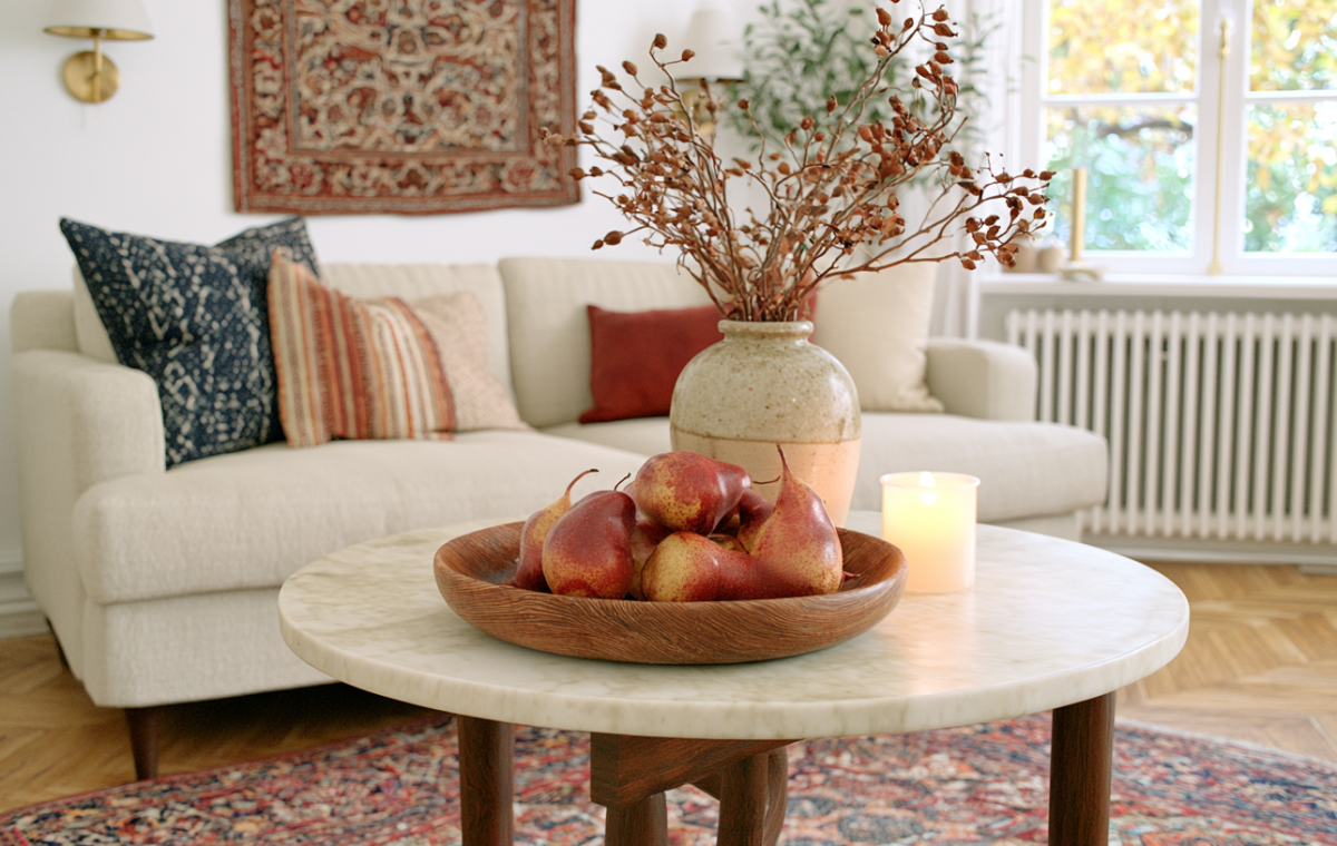 Cozy living room decor featuring a marble coffee table with a wooden bowl of pears and a neutral sofa.