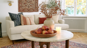 Cozy living room decor featuring a marble coffee table with a wooden bowl of pears and a neutral sofa.