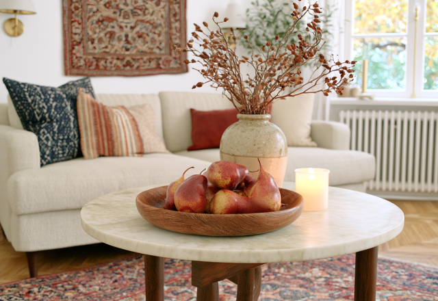 Cozy living room decor featuring a marble coffee table with a wooden bowl of pears and a neutral sofa.