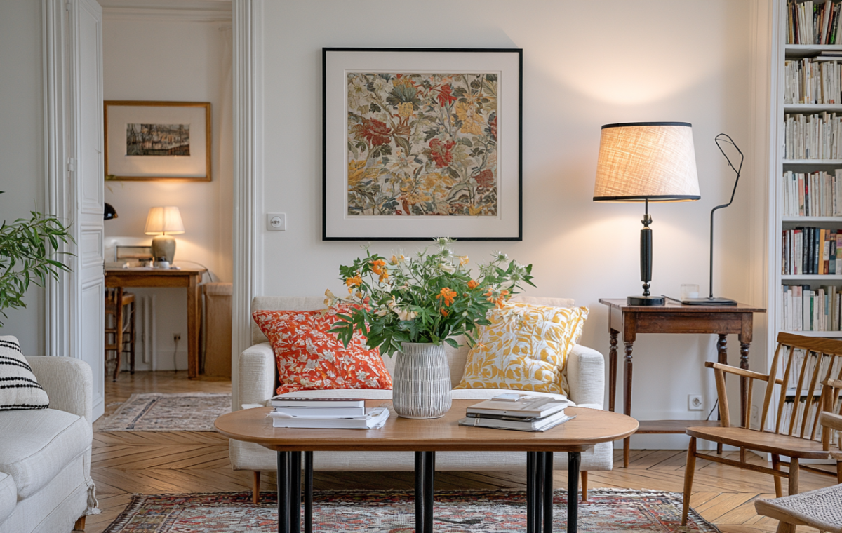 cozy living room decor featuring warm lighting, colorful accent pillows, and wooden furniture