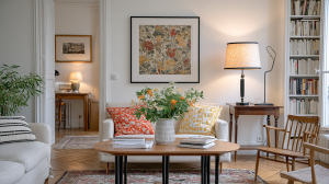 cozy living room decor featuring warm lighting, colorful accent pillows, and wooden furniture
