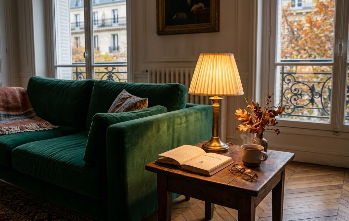 Cozy living room styling featuring a green velvet sofa and warm lamp on a wooden table.