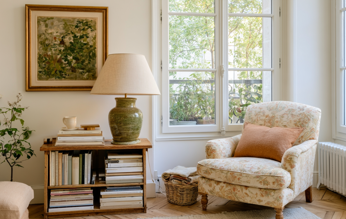 Cozy reading corner ideas featuring a floral armchair, vintage lamp, and stacked books in a bright living room.