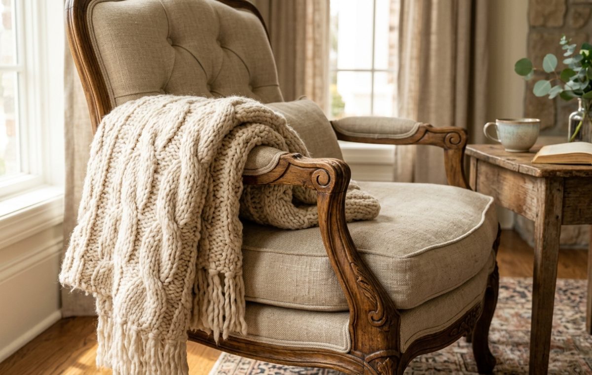 Cozy reading corner featuring a beige upholstered accent chair with a chunky knit blanket and side table.