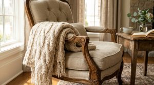 Cozy reading corner featuring a beige upholstered accent chair with a chunky knit blanket and side table.
