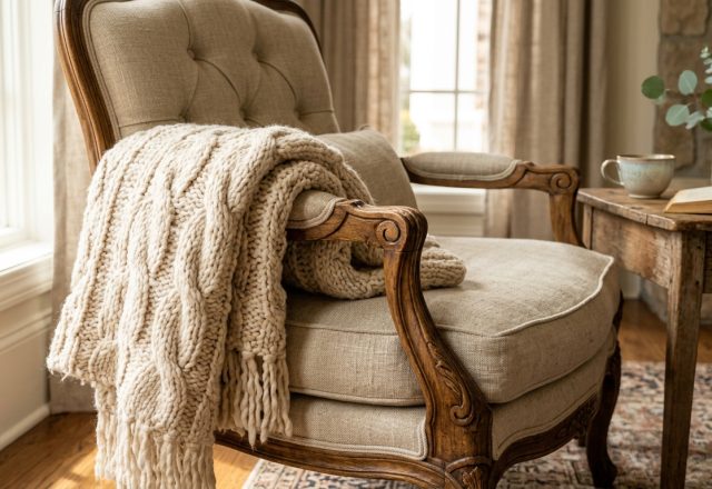 Cozy reading corner featuring a beige upholstered accent chair with a chunky knit blanket and side table.
