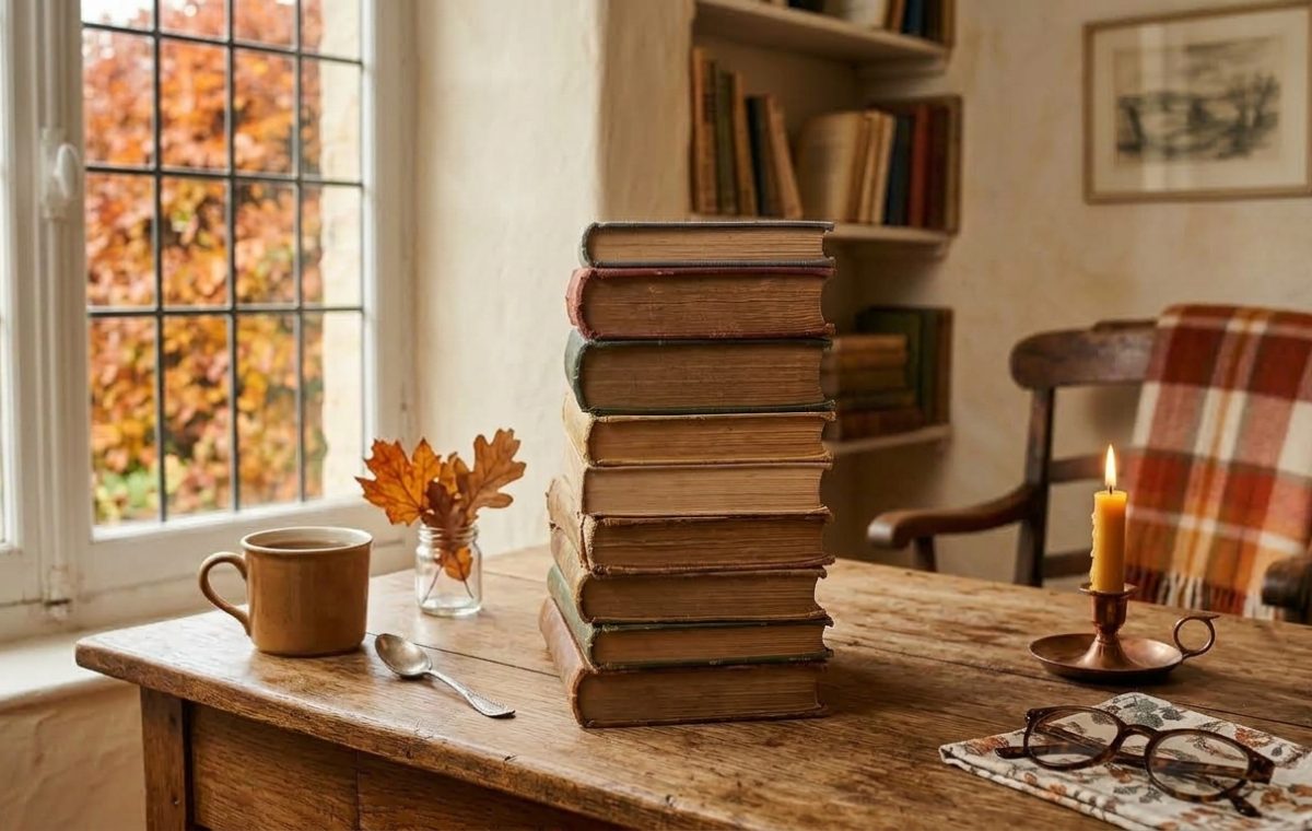 Cozy reading room desk styled with vintage books, a burning candle, and autumn leaves near a window.