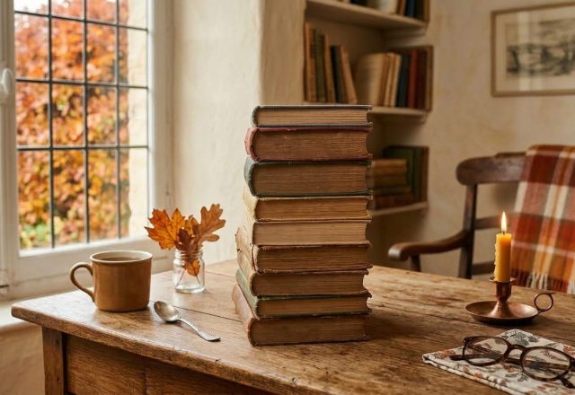 Cozy reading room desk styled with vintage books, a burning candle, and autumn leaves near a window.
