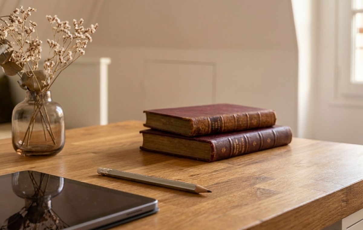 A minimalist home office setup featuring a wooden desk, antique books, dried flowers in a glass vase, and a tablet.