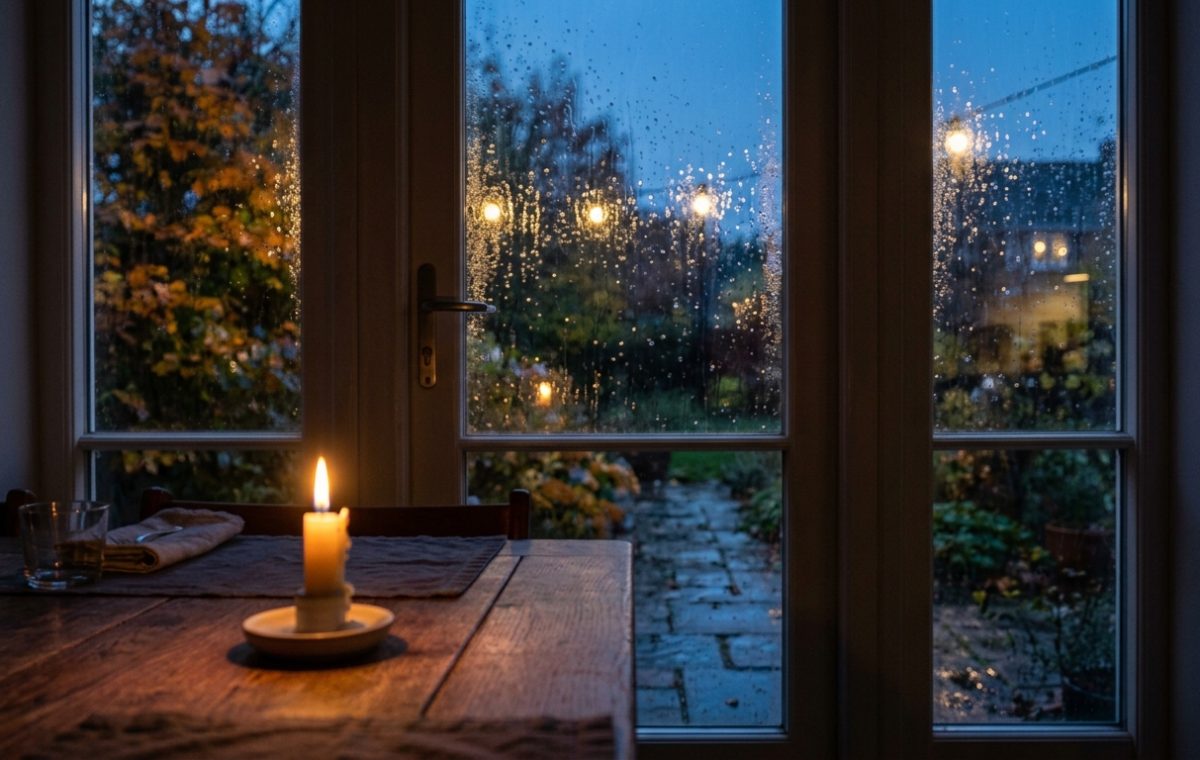 A cozy rustic dining room table lit by a single candle during a rainy evening storm.