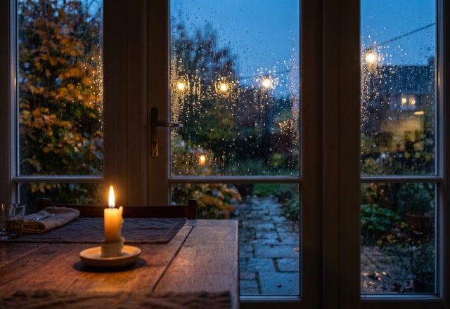 A cozy rustic dining room table lit by a single candle during a rainy evening storm.