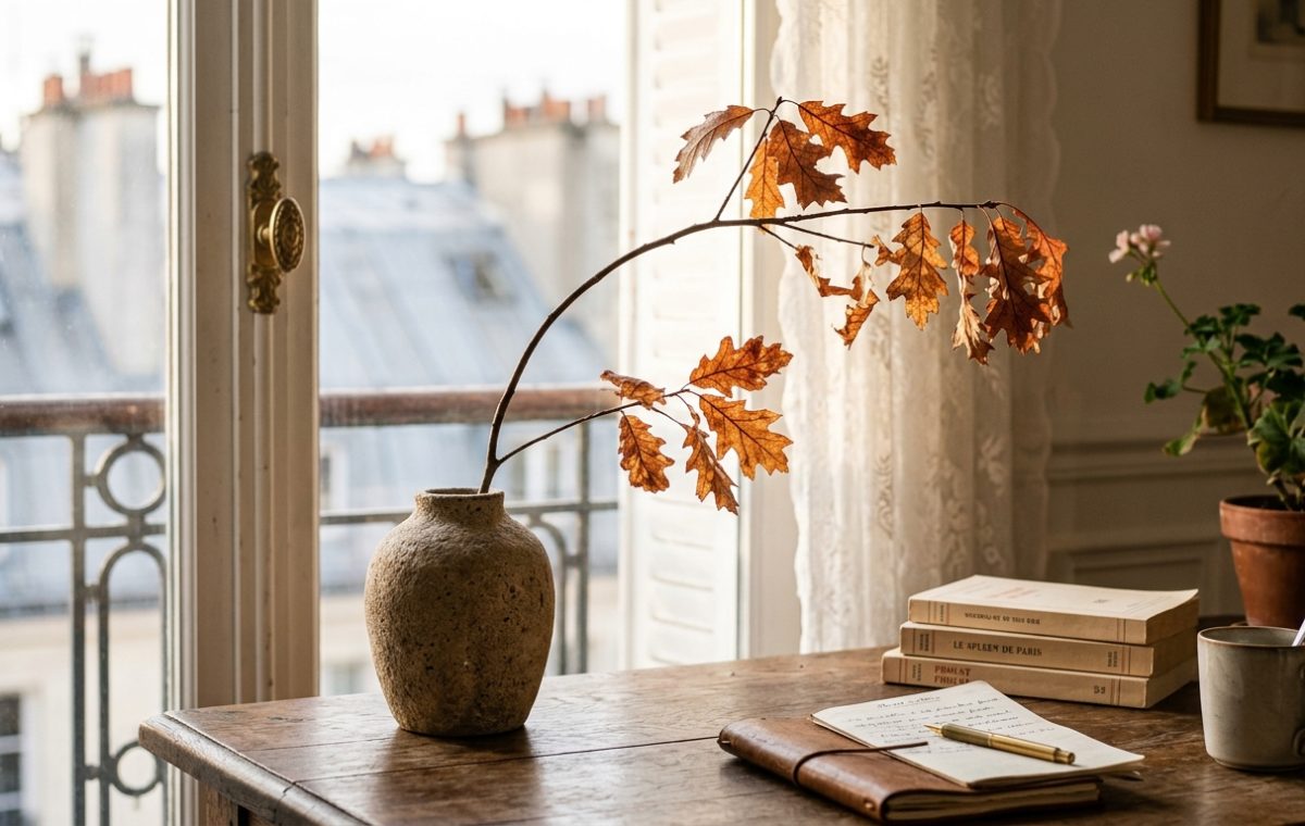 A cozy writing nook setup featuring a wooden desk, vintage books, a leather journal, and a ceramic vase with oak branches.