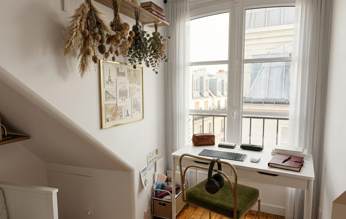 A bright small home office setup tucked under a sloped attic wall with a white desk and a green velvet chair next to a tall window.