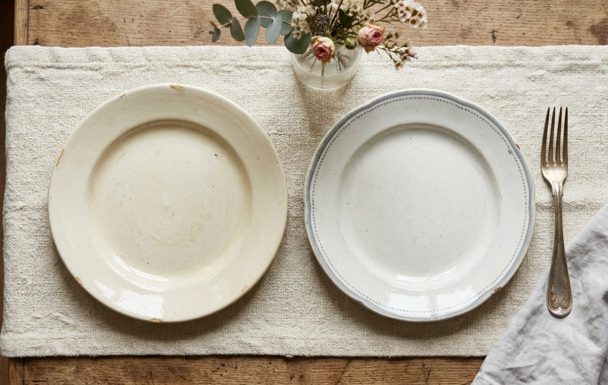 A rustic table setting featuring mismatched ceramic plates, a textured runner, and a vintage silver fork on a wooden table.