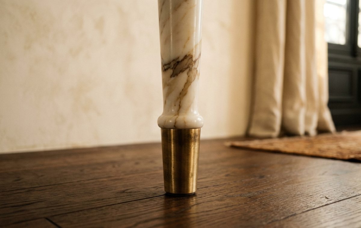 Close-up of luxury marble table legs with a brass metal ferrule resting on dark hardwood floors.