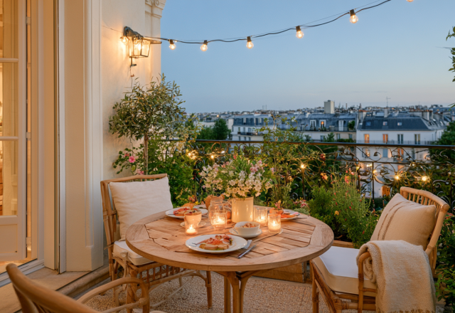 Cozy balcony dining setup with a round wooden table, string lights, and city views at dusk.