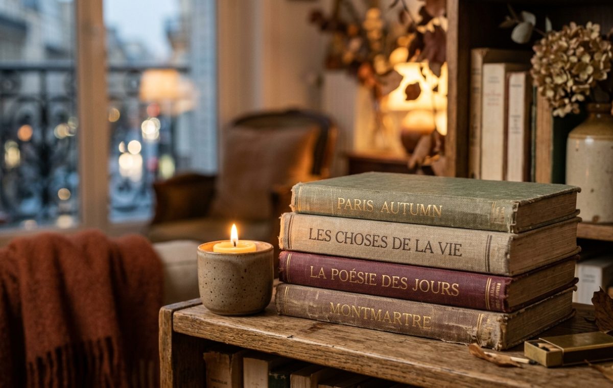 A cozy reading nook featuring a stack of vintage books, a burning candle, and a rustic wooden shelf near a city window.