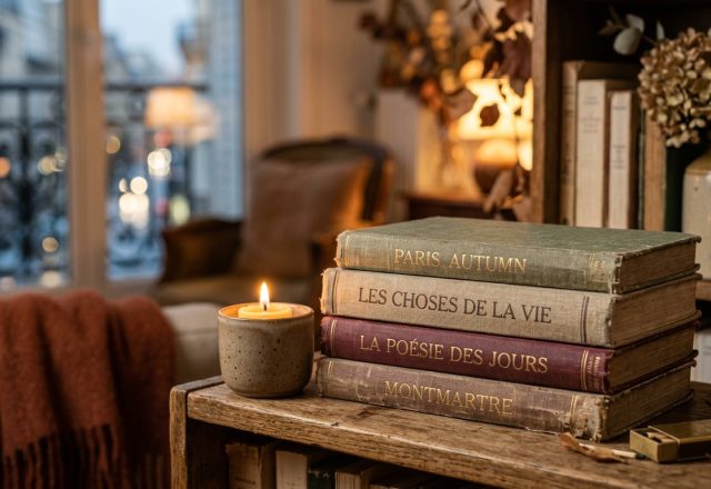 A cozy reading nook featuring a stack of vintage books, a burning candle, and a rustic wooden shelf near a city window.