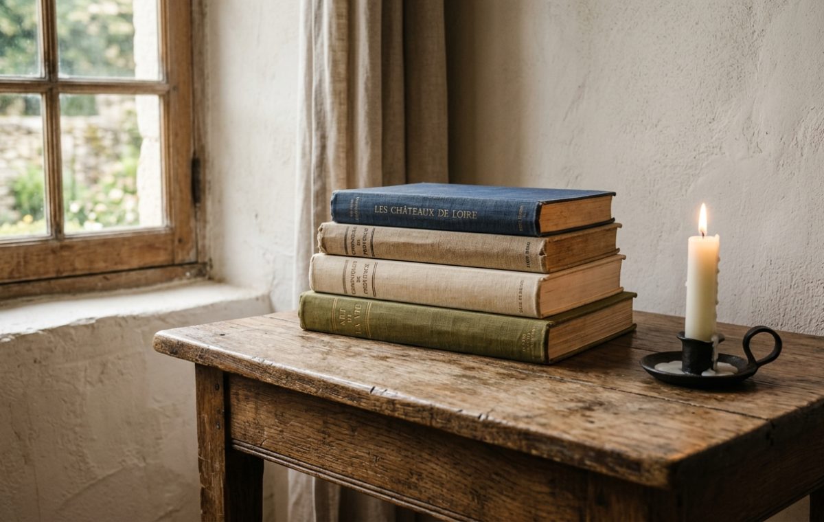 A rustic wooden table holding a stack of vintage books and a burning candle next to a historic window.