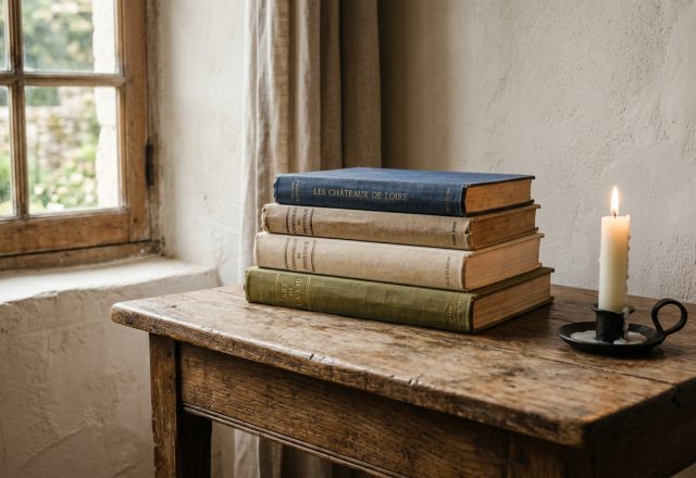A rustic wooden table holding a stack of vintage books and a burning candle next to a historic window.