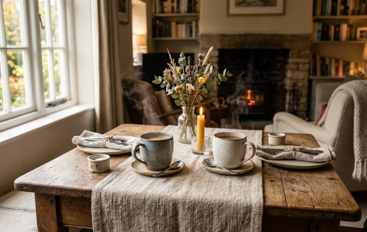 A cozy rustic breakfast nook featuring a wooden table with ceramic mugs and a linen runner.