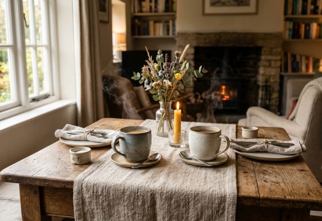 A cozy rustic breakfast nook featuring a wooden table with ceramic mugs and a linen runner.