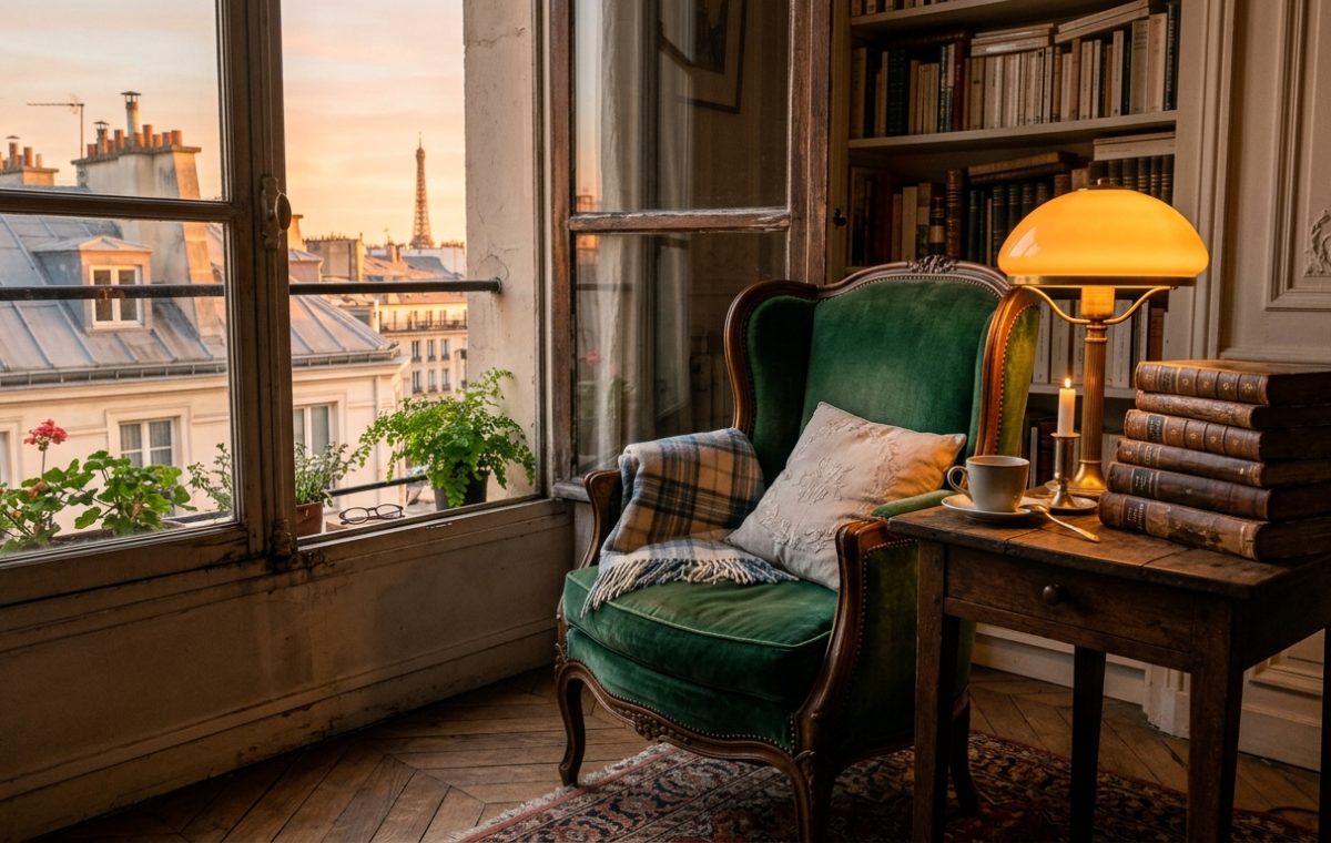 Cozy French apartment reading nook featuring a green velvet armchair, antique table, and a view of the Eiffel Tower.