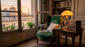 Cozy French apartment reading nook featuring a green velvet armchair, antique table, and a view of the Eiffel Tower.