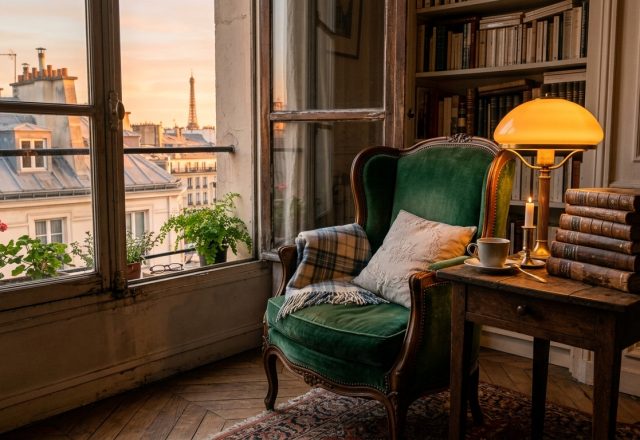 Cozy French apartment reading nook featuring a green velvet armchair, antique table, and a view of the Eiffel Tower.