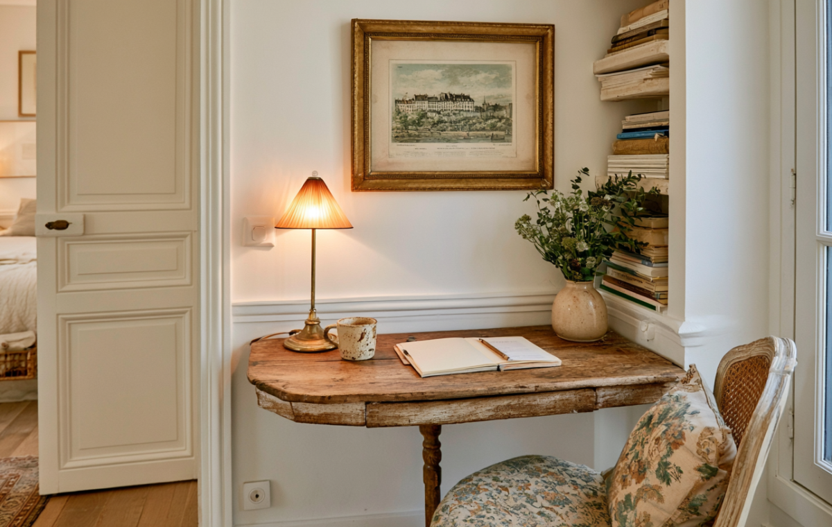 A cozy small bedroom workspace featuring a vintage wooden desk, warm lamp, and built-in bookshelf.