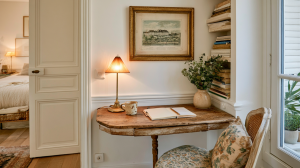 A cozy small bedroom workspace featuring a vintage wooden desk, warm lamp, and built-in bookshelf.