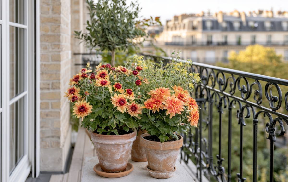 A cozy apartment balcony garden featuring potted chrysanthemums and a wrought iron railing overlooking city buildings.