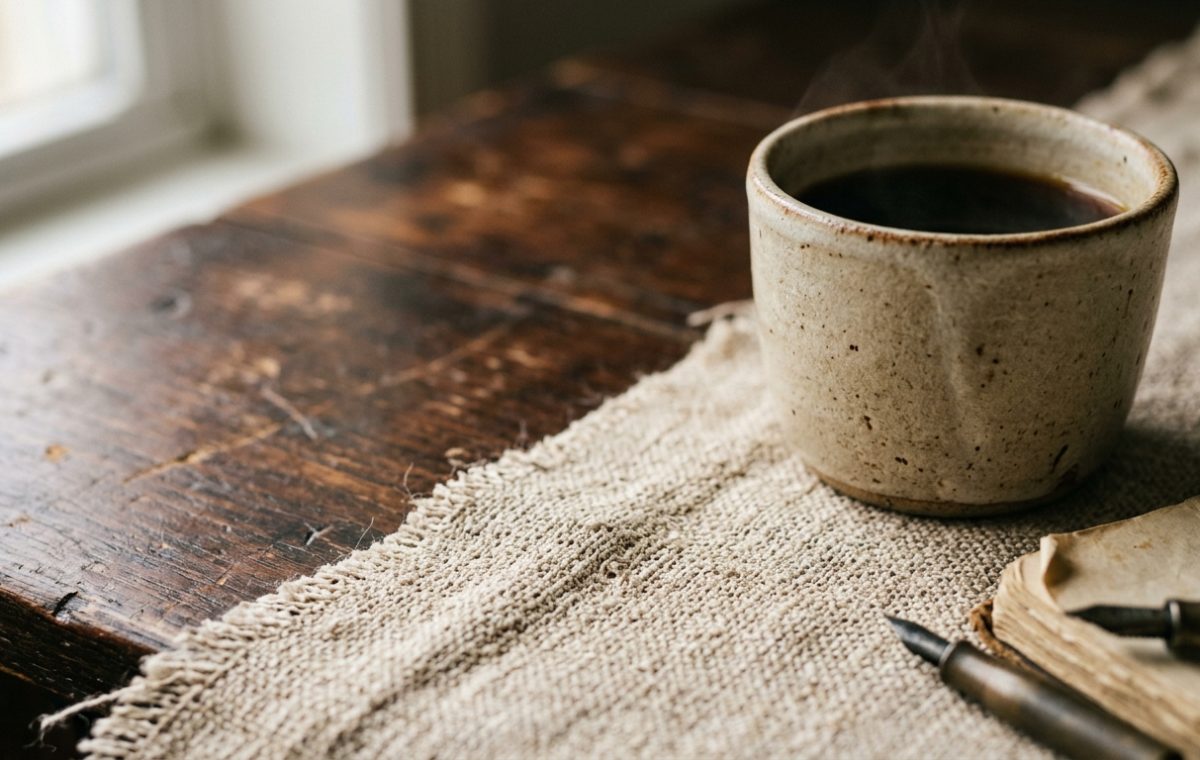 Close up of a rustic home office setup with a wooden desk, linen runner, and ceramic coffee cup.