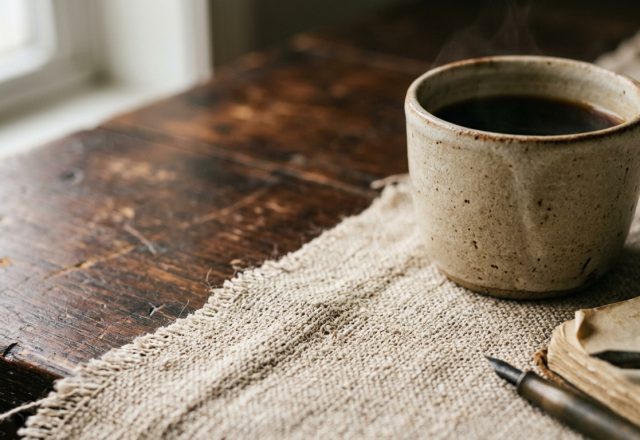 Close up of a rustic home office setup with a wooden desk, linen runner, and ceramic coffee cup.