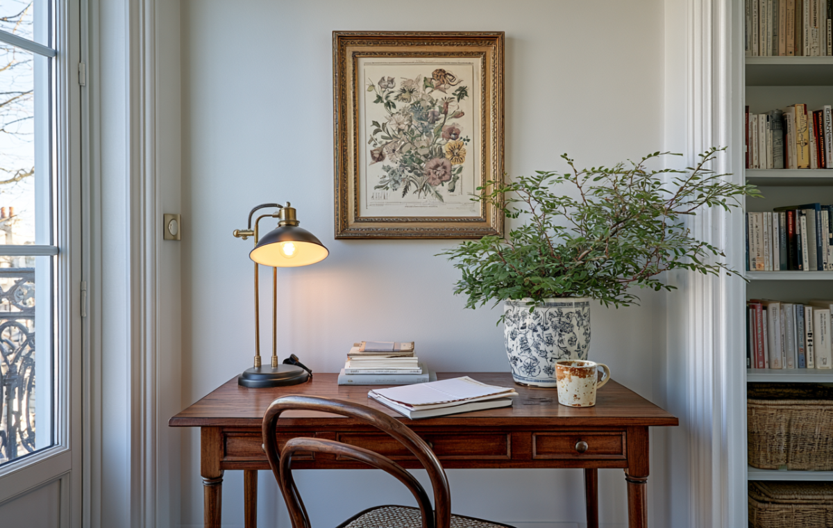 Cozy home library desk setup with a vintage wooden table, brass lamp, botanical art, and packed bookshelves.