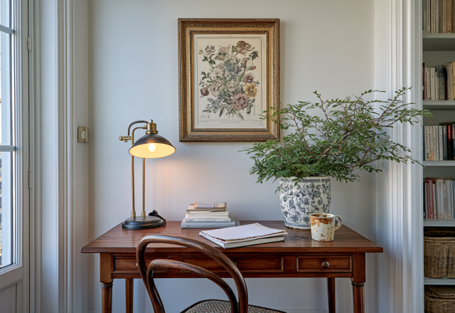Cozy home library desk setup with a vintage wooden table, brass lamp, botanical art, and packed bookshelves.