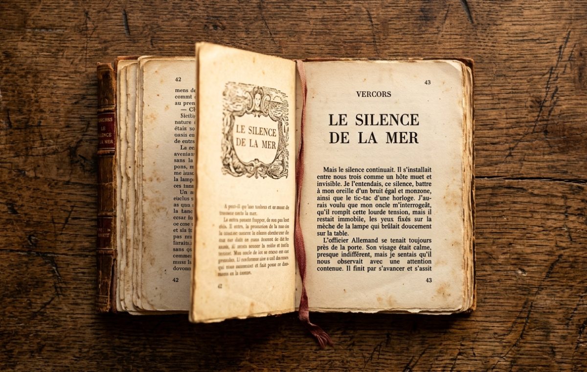 An open vintage book with French text resting on a dark rustic wooden table for home library design inspiration.