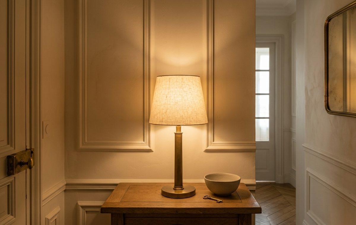 A cozy hallway featuring warm table lamp lighting on a wooden console table against paneled walls.
