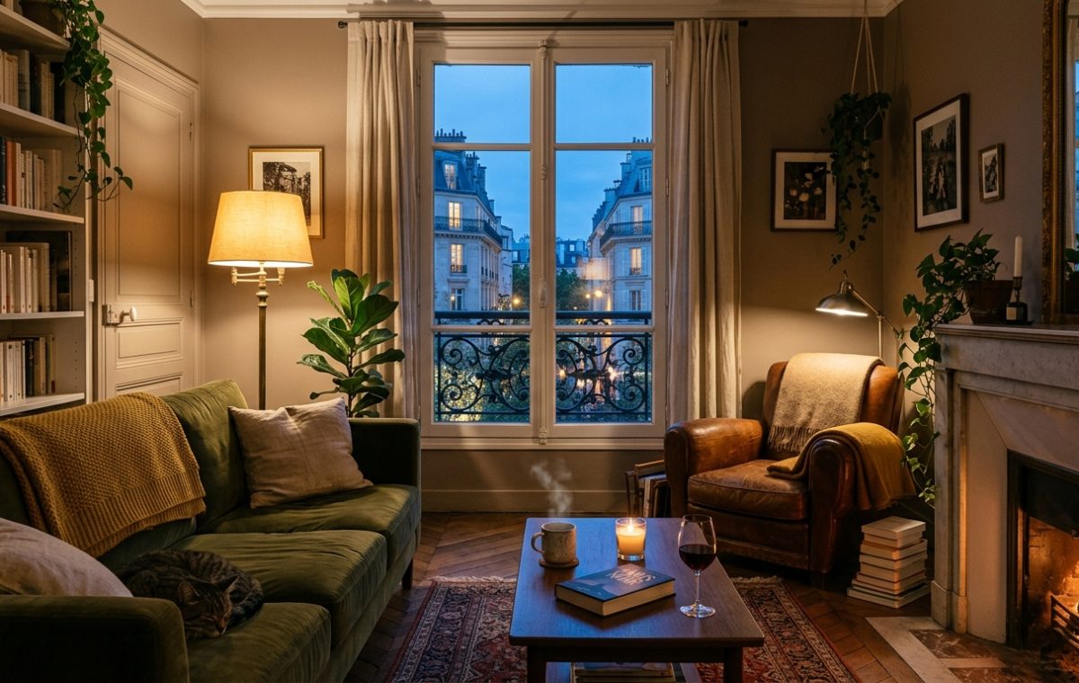 Cozy living room featuring warm ambient lighting from a floor lamp and fireplace during evening twilight.